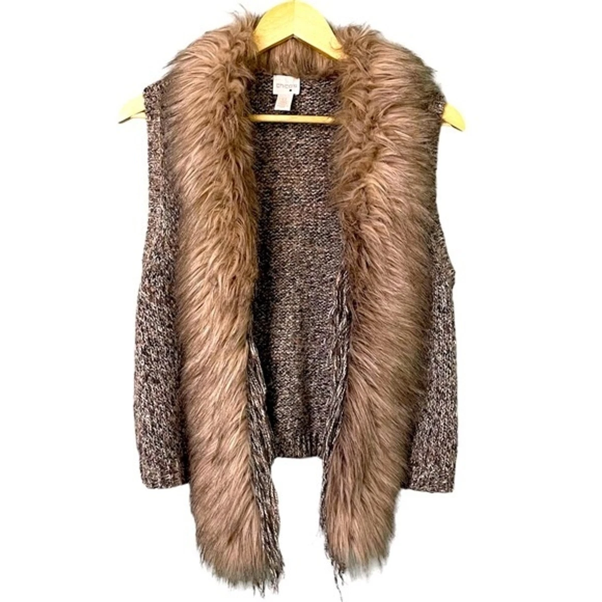 Chicos Brown Faux Fur Collar Sweater Vest with Fringe Sleeveless