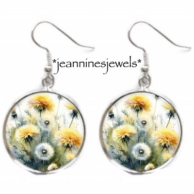 Dandelion Wish Flowers EARRINGS Watercolor Art Print Silver Charm Dangle