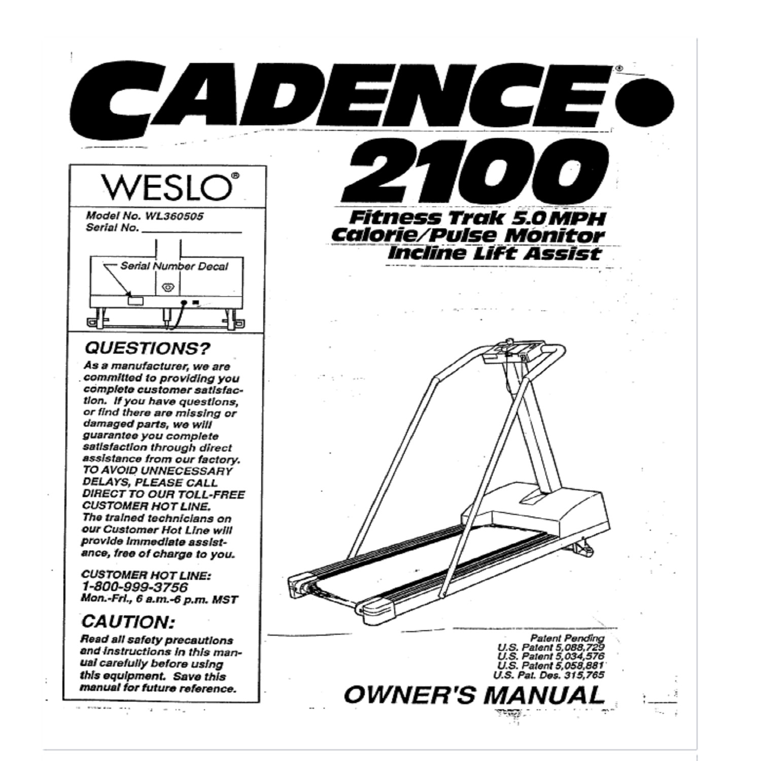 Weslo Cadence 2100 - Wl360505 Treadmill Owner Manual 106919