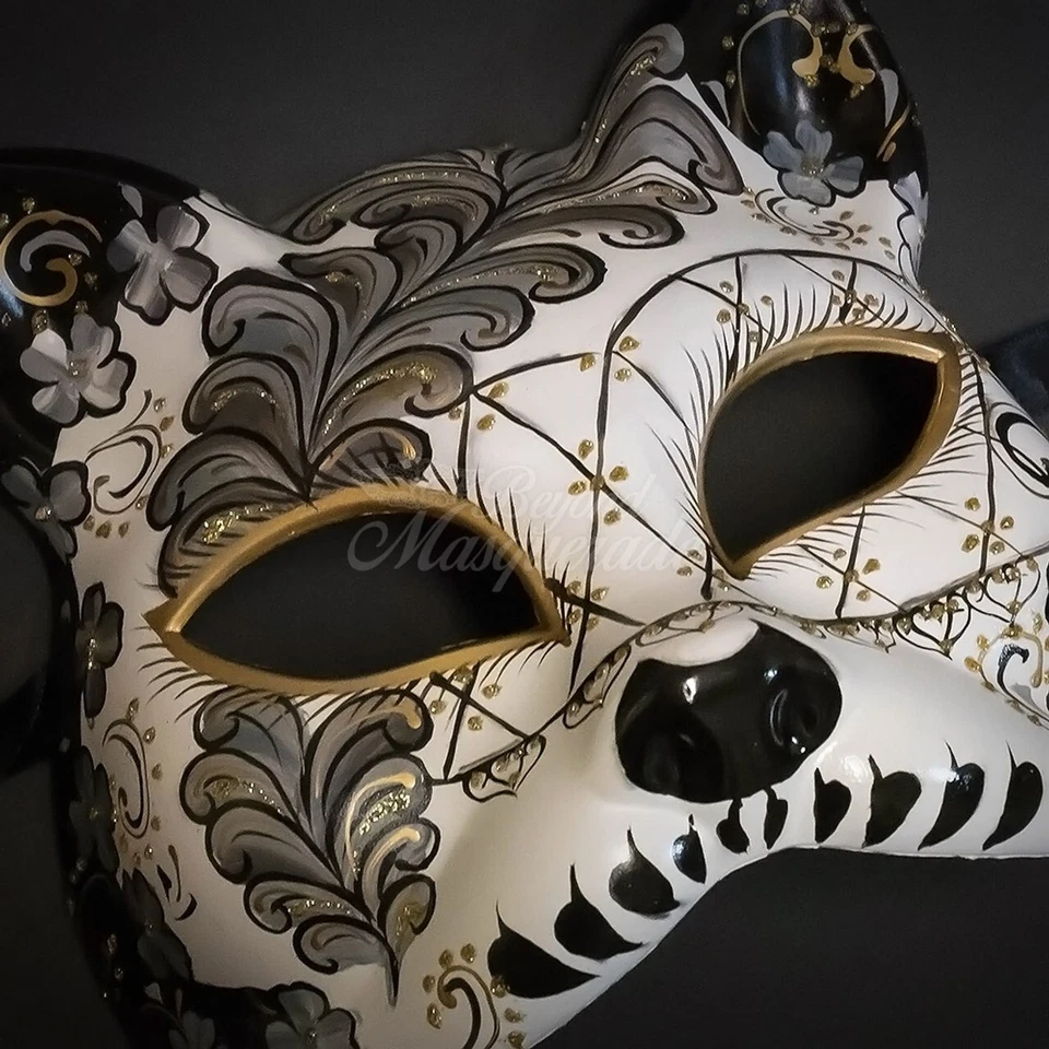 Day of the Dead Dia de los Muertos Cat Costume Masquerade Mask [Black] - Image 4 of 4