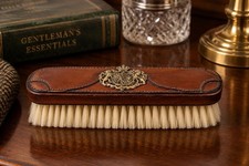 English Leather Clothes Brush Ornate Brass Griffin/Heraldic Crest M C Decor