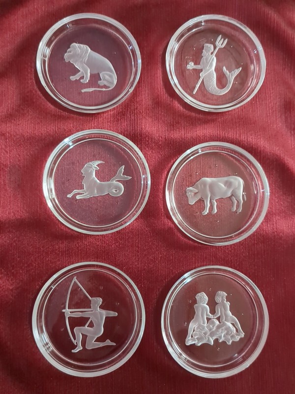 Vintage Signed "VSL" Set of 6 Val Saint Lambert Crystal Zodiac Coasters