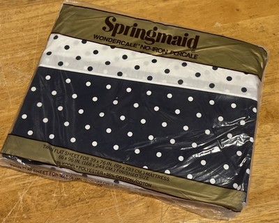 Vtg Springmaid Charmed Circle Navy Blue Polka Dots Twin Flat Sheet Wondercale