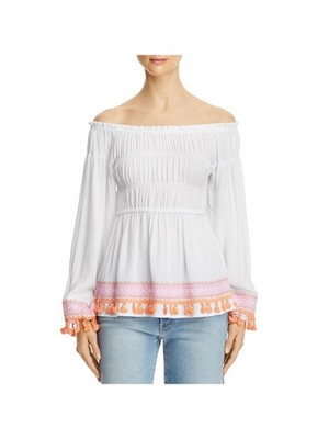 DESIGN HISTORY Womens Stretch Smocked Tasseled Long Sleeve Off Shoulder Blouse