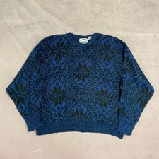 Vintage Abstract Knitted Jumper Patterned Grandad Knit Sweater Men's L