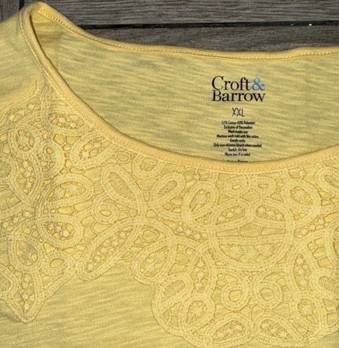 XXL Croft & Barrow Yellow T-Shirt with Lace Overlay 2019 Season Tee - Picture 3 of 4