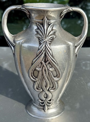 Art Nouveau Style Vintage Helena Vase Iron Forged Twin Handled Pewter Vase - Picture 2 of 8