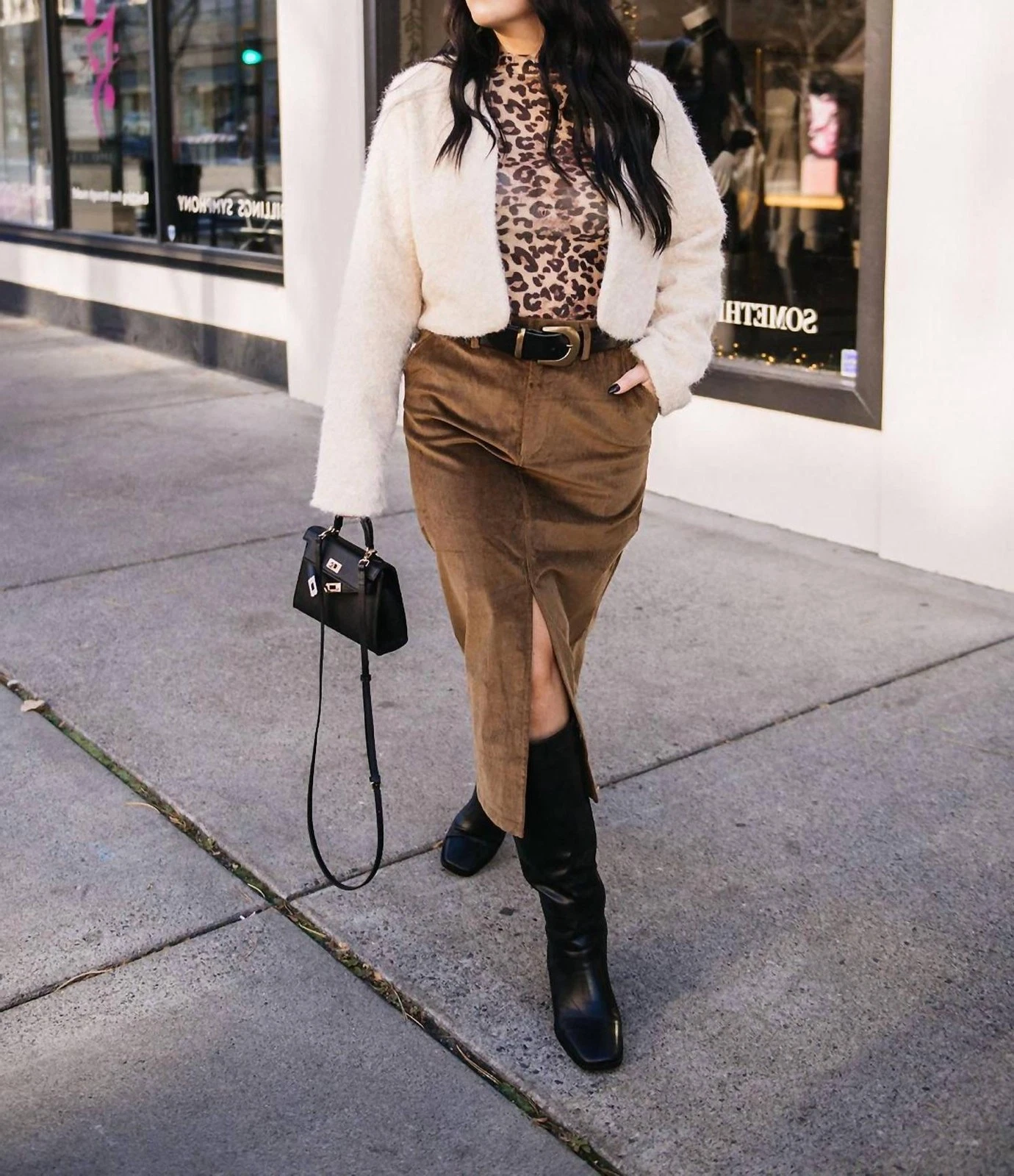 Astr Corduroy Midi Skirt Brown