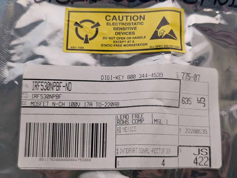 Lot of 9 Digi-Key IRF530NPBF-ND, Power Mosfet N-CH 100V 17A TO-220AB - Image 3 of 4