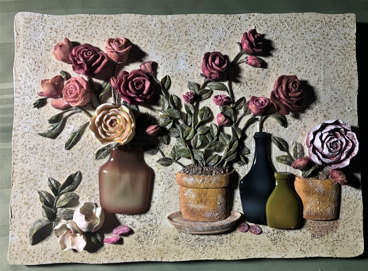 THREE (3) VINTAGE HANDMADE CHERI BLUM ART *** 3D FLORAL WALL