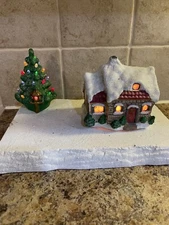 Vintage Ceramic Christmas Village Stone Cottage Dual Light Base Tree Incomplete