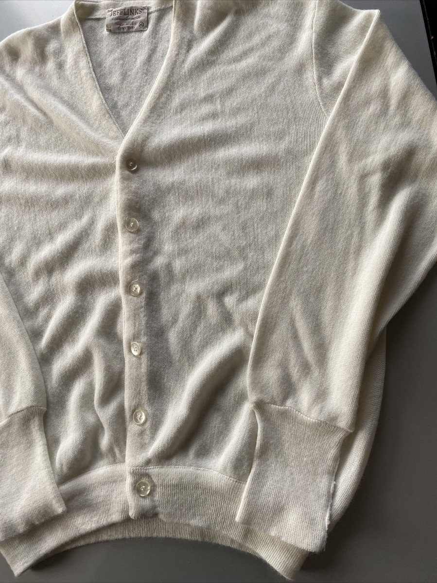 Vintage 70s Jefflinks White Cardigan Sweater Made In USA Acrylic Sweatshirt XL