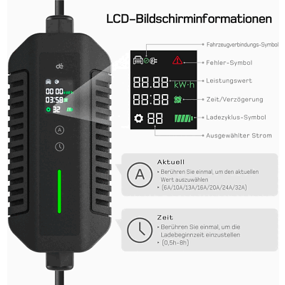 Mobile Wallbox 22kW Typ 2 Ladekabel 7m – 6–32A Einstellbar, 3-phasig, CEE 32A, Inkl. Verzögerungsfunktion – Für Alle EVs & PHEVs (IEC 62196-2)