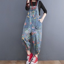 Lady Denim Tapered Strap Pants Suspender Trousers Overalls Floral Bloomers Loose