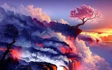 Landscape sunset fantasy art lava trees nature Custom Gaming Mat Desk