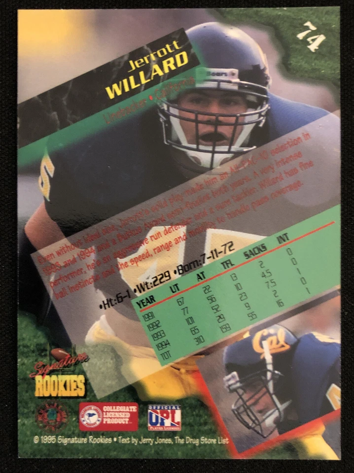 1995 Signature Rookies Football Jerrott Willard Cal #d 1666/2750 Auto Card #74 - Image 2 of 2