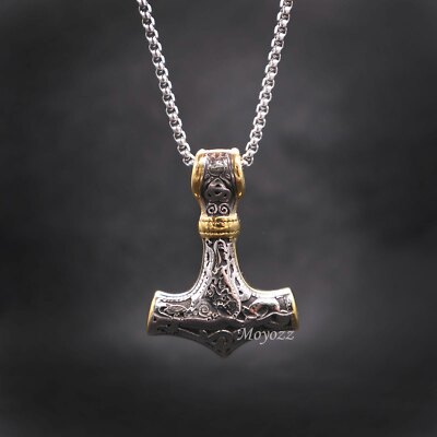 Mens Stainless Steel Norse Viking Thors Gold Hammer Mjolnir Pendant Necklace