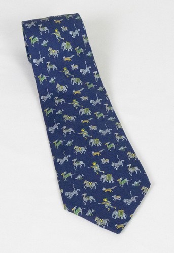Hermes Whimsical Navy Hunter Elephant Armadillo Tigers Silk Tie 3.5 x 60 5365 OA