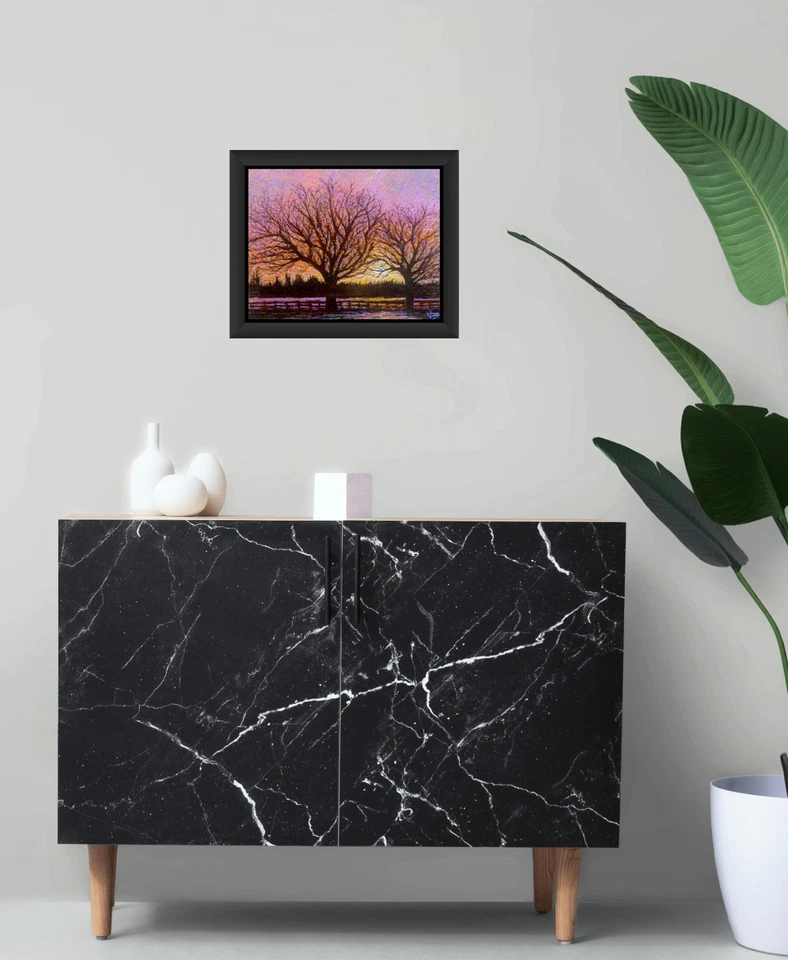 Pintura al óleo original enmarcada Sunset Trees 11x14 sobre vidrio acrílico colorido Monet Foto 3 de 3