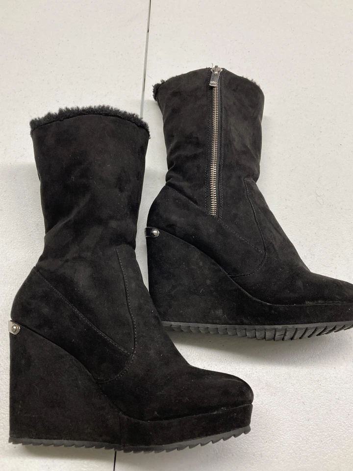 Juicy Couture Boots Womens Size 6.5 Black Wedge Faux Fur Zip Platform Winter - Image 4 of 4