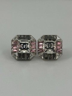 Chanel 2015 Octagon Piercing Stud Earrings Silver CC Logo Crystals Rhinestones