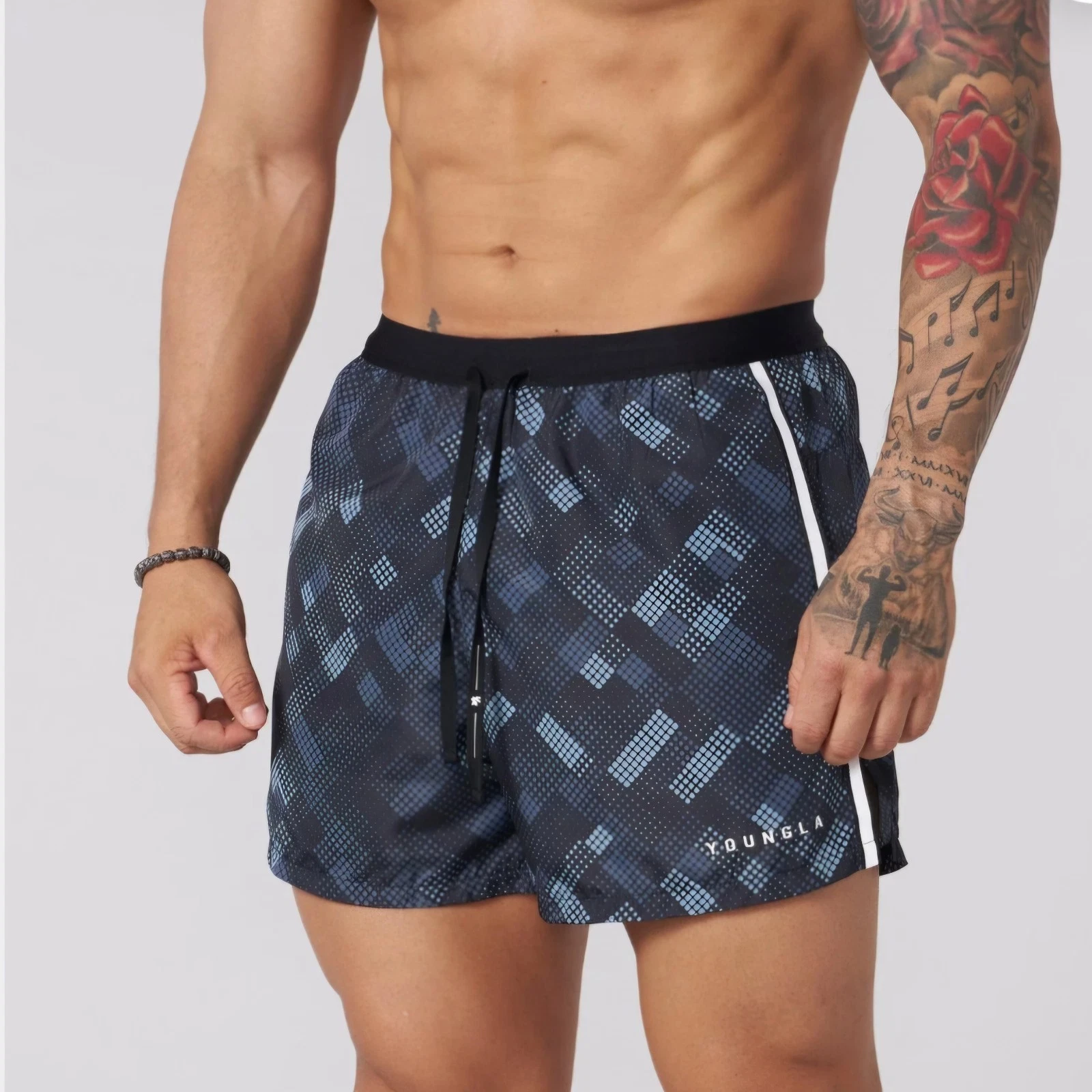 YoungLA Men's 1051 Ultra Running Shorts Athletic Relaxed Print Black Pixels XXL