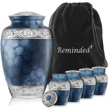 Set of 5 Cremation Urns for Human Ashes - 1 Brass Adult 4 Keepsake - Blue