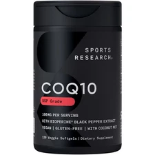 Sports Research CoQ10 (100mg) Enhanced w/ Coconut Oil & Bioperine (Black Pepper)