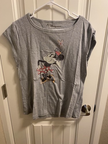 Disney Store L Top Minnie Mouse Gray Cap Sleeve Soft Shirt Bling Large Lg
