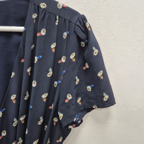 Sézane Silk Midi Dress Navy Blue Floral Wrap Tie Waist Short Sleeve EU 40 Uk 12 - Picture 3 of 8