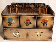 Vintage Wood Sewing Notions Cabinet 4 Drawer 6 Spool Holders - Japan