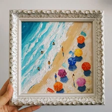 Beach Painting California Art Beach Umbrellas Coastal Summer Impasto 8x8