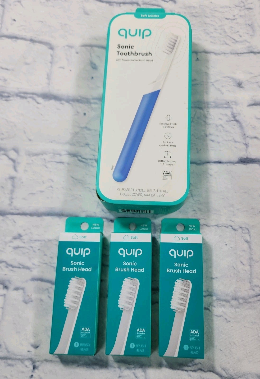 Quip Rechargeable Electric Toothbrush Soft Bristle Sonic Blue 3X Brushheads SET 