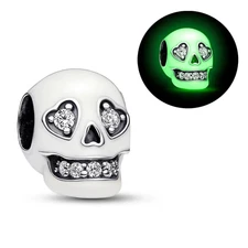 CZ WHITE SKULL GLOW IN THE DARK STERLING SILVER BRACELET CHARM BEAD & POUCH!