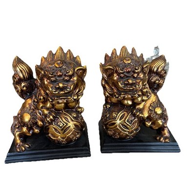 Chinese Foo Dog, Resin 7.5 X 5 Gold Color Set Of 2
