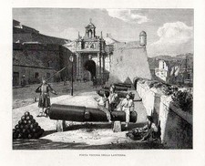 Stampa antica GENOVA Porta Pila con bambini e cannoni 1880 Old antique print