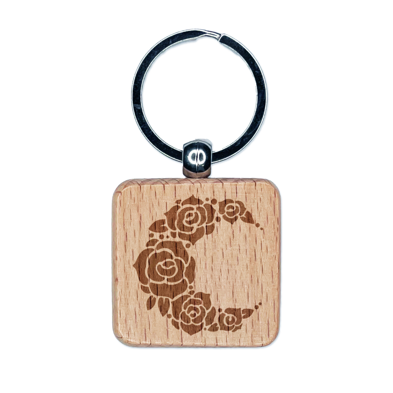 Floral Moon Roses Engraved Wood Square Keychain Tag Charm