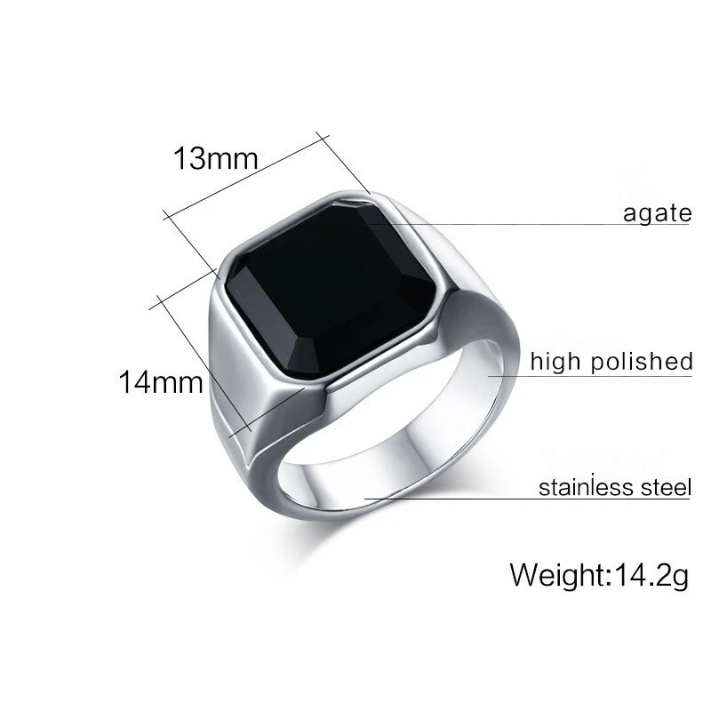 Anillo de plata de oro de 18 quilates de acero inoxidable con banda de ágata negra de 16,5*17 mm para hombre talla 7-12 Foto 3 de 4