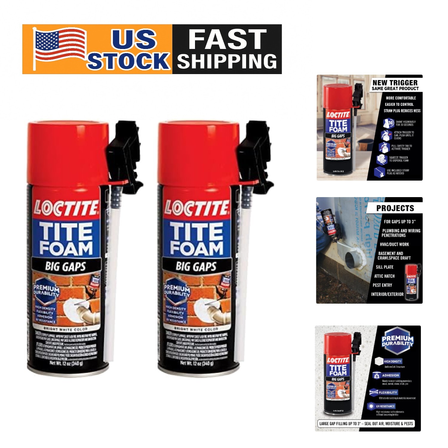 Tite Foam Big Gaps Spray Foam Sealant - 12 oz Can, Pack of 2 for Insulation
