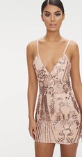 Rose Gold Strappy Sheer Panel Sequin Bodycon Dress