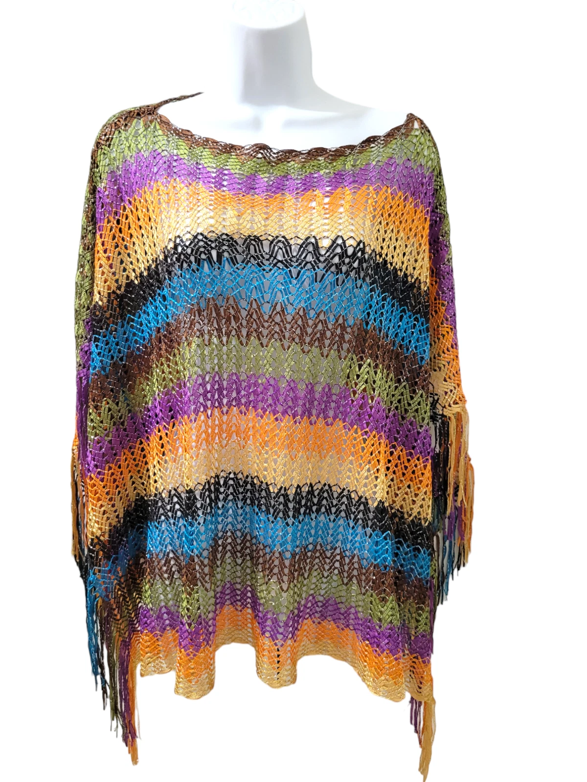 NWT | Step In Style Multicolor Crochet Ribbon Poncho w/Fringe One Size