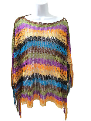 NWT | Step In Style Multicolor Crochet Ribbon Poncho w/Fringe One Size
