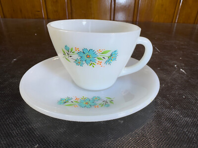 Vintage Fire King ~ Blue Corn Flower ~ Cup & Saucer ~ Milk Glass