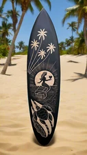 Mermaid and Sea Turtle Moon Light Surfboard Wall Plaque Mango Wood 39 x 10 in