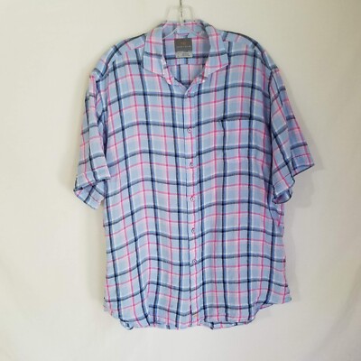 Thomas Dean Mens Plaid 100% Linen Button Front Short Sleeve Shirt Size Large 
