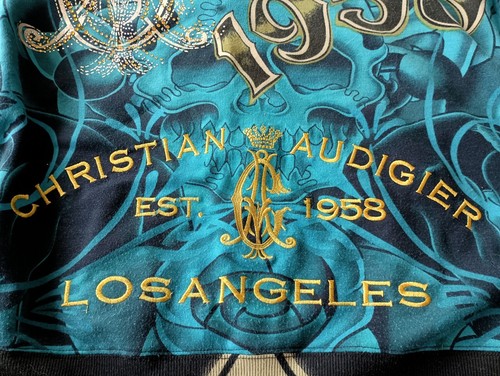 Christian Audigier Hoodie Blue Gold Crown Skull hoodie embroidery White Hardy XL - Picture 10 of 13