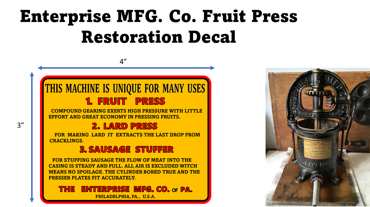 Enterprise Sausage Stuffer Lard Fruit Press Restoration Decal eBay