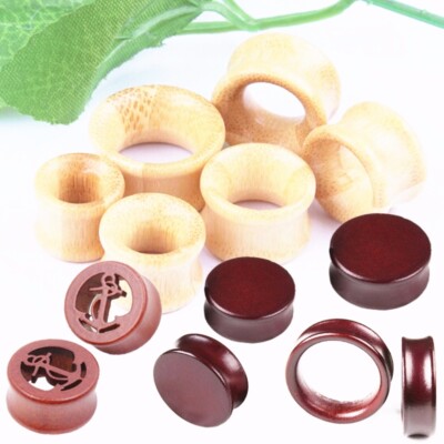 2X Natural Hollow Bamboo Wood Double Flared Ear Plug Flesh Tunnel Gauge Piercing