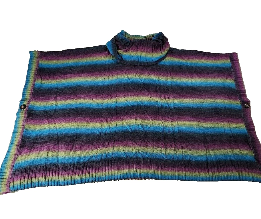 Cable & Gage Cape Poncho Sweater Size L/XL Turtleneck Blue/Purple/Green Stripes