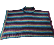 Cable & Gage Cape Poncho Sweater Size L/XL Turtleneck Blue/Purple/Green Stripes